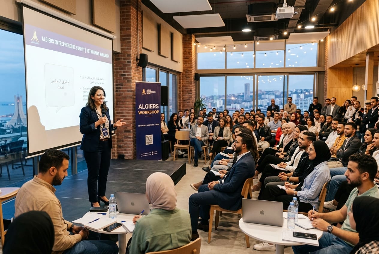 Event speaker and organizer presenting during a professional workshop in Algiers