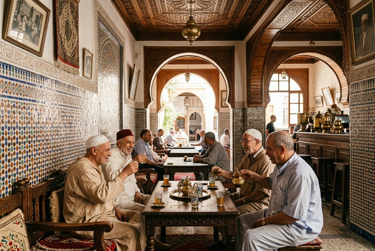 Café traditionnel algérien avec thé à la menthe et décoration mosaïque