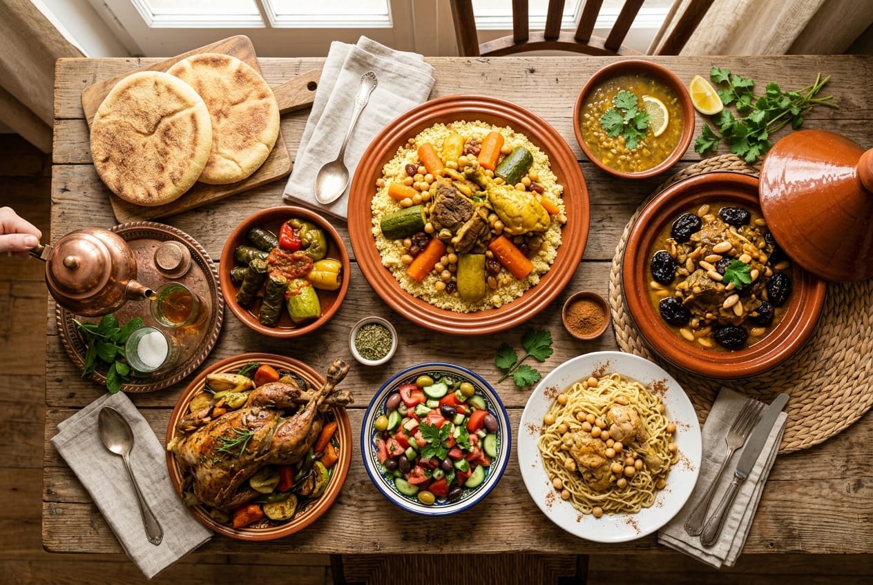 Assortiment de plats traditionnels algériens : couscous, tajine, rechta