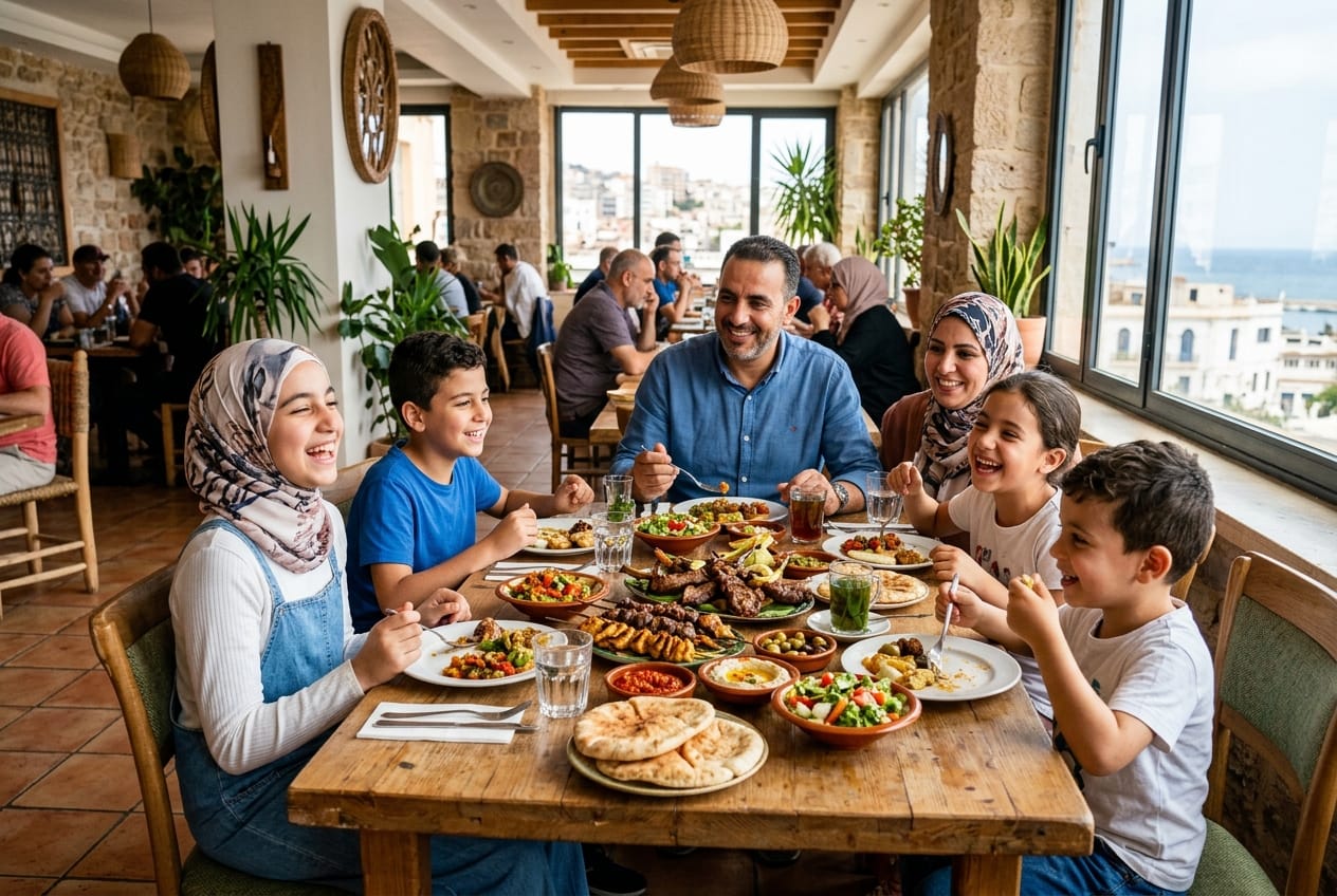 Famille algérienne profitant d'un repas dans un restaurant familial
