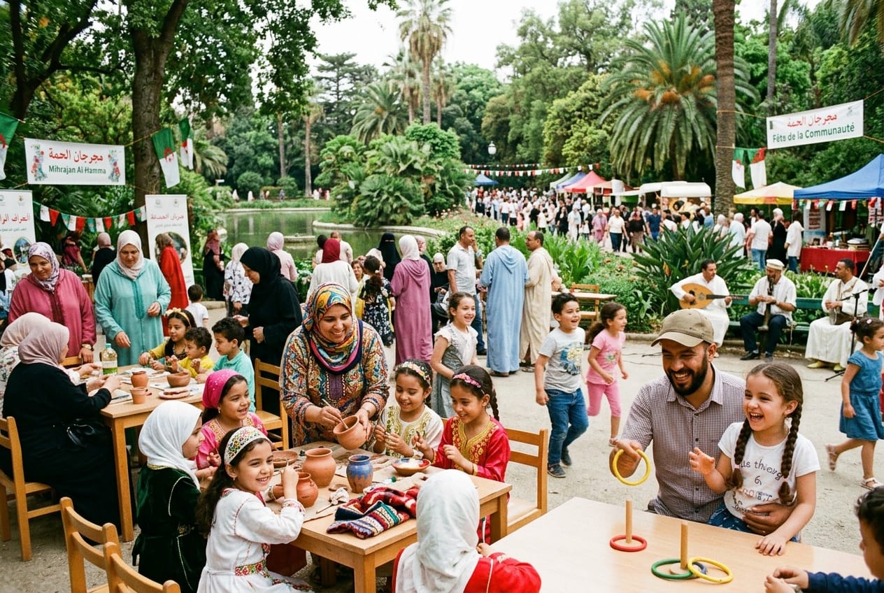 Family community festival with children craft workshops in an Algerian green park