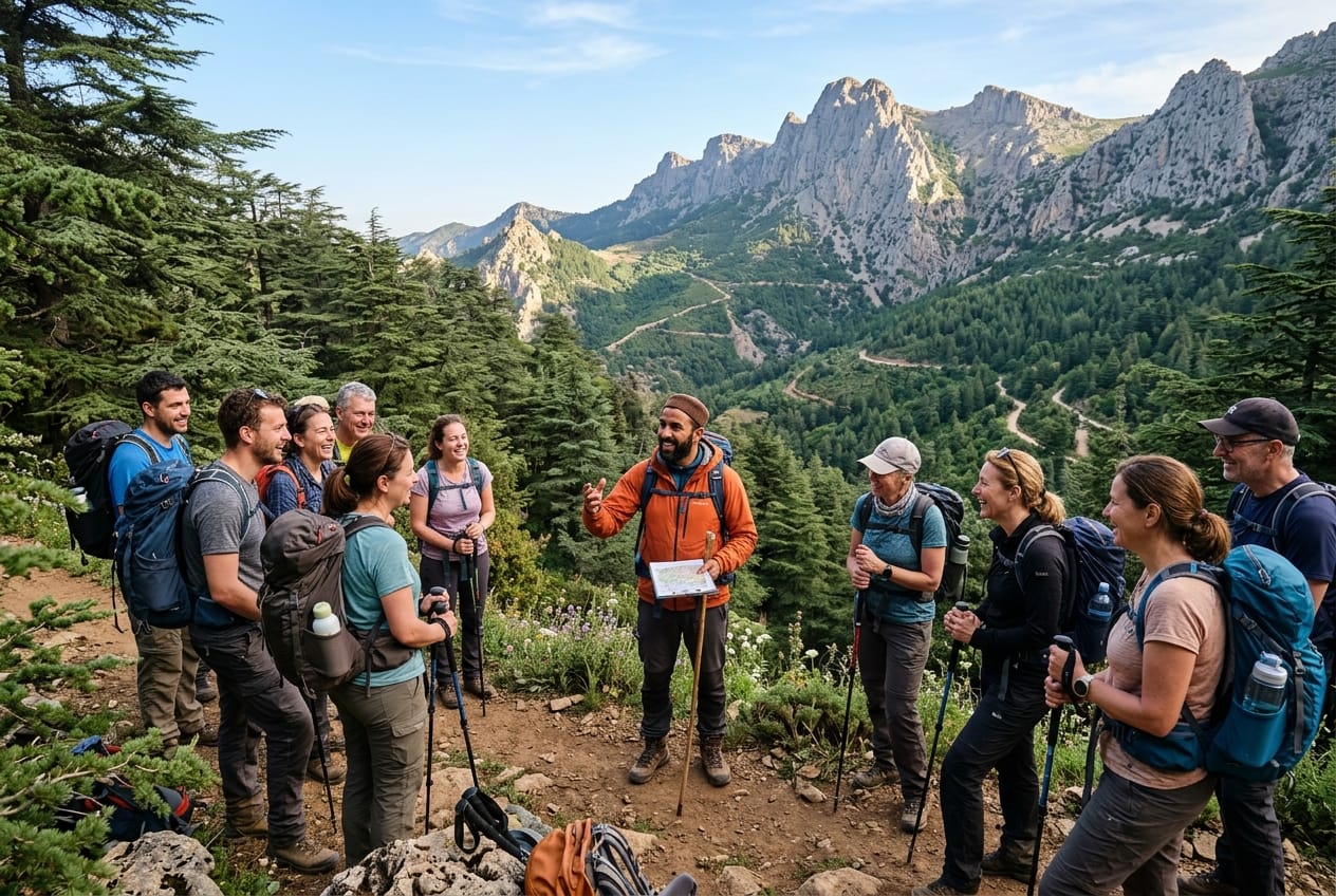 Professional Algerian mountain guide briefing a group of hikers in Djurdjura