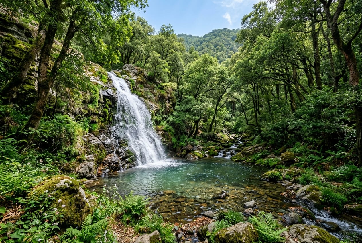 Cascade et rivière limpide dans la forêt luxuriante du Parc National de Taza à Jijel