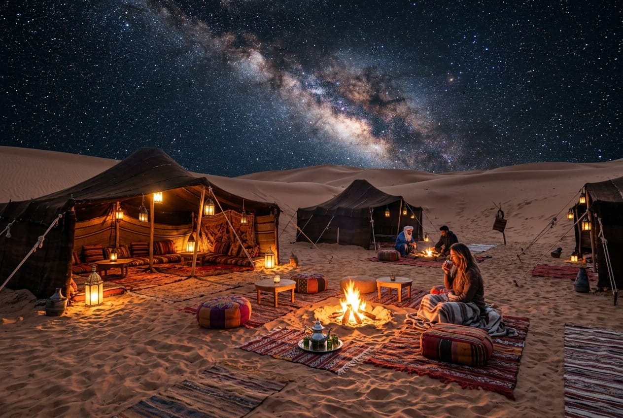 Desert bivouac camp under a spectacular starry sky and Milky Way in the golden dunes of Taghit Algeria