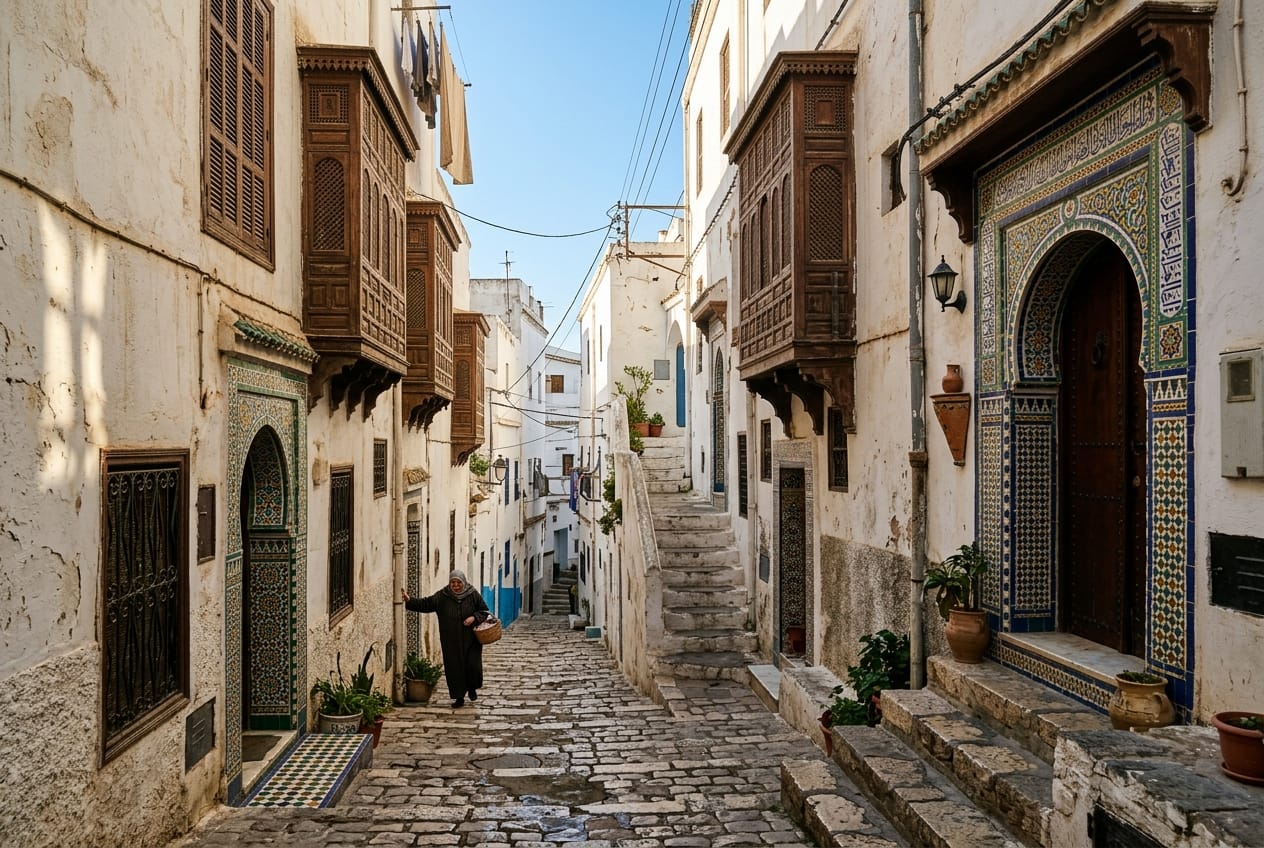 Narrow cobbled streets and carved historic balconies in the Casbah of Algiers