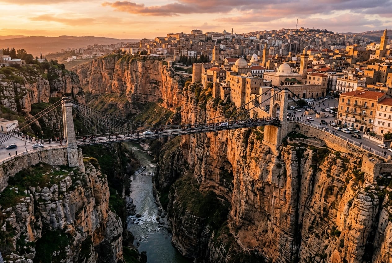 Iconic Sidi M'Cid suspension bridge crossing over the deep Rhumel gorge in Constantine
