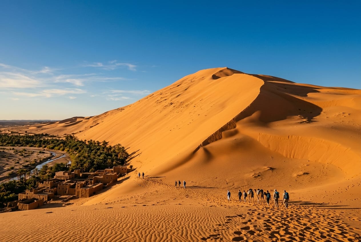 Towering golden sand dune in Taghit overlooking the mudbrick village and palm oasis at sunset in Algerian Sahara