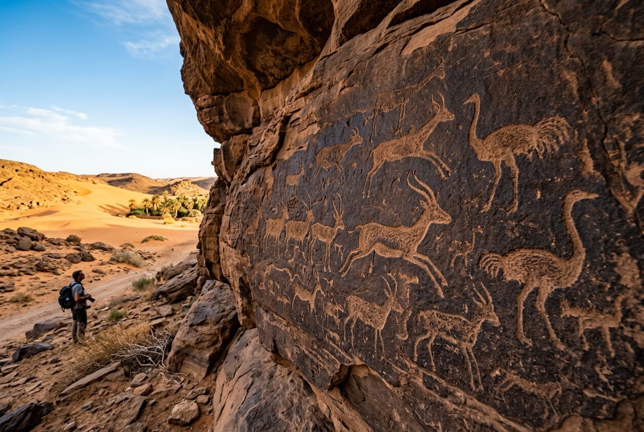 Prehistoric rock art engravings carved into dark sandstone rock depicting ostriches and antelopes at Zaouia Tahtania