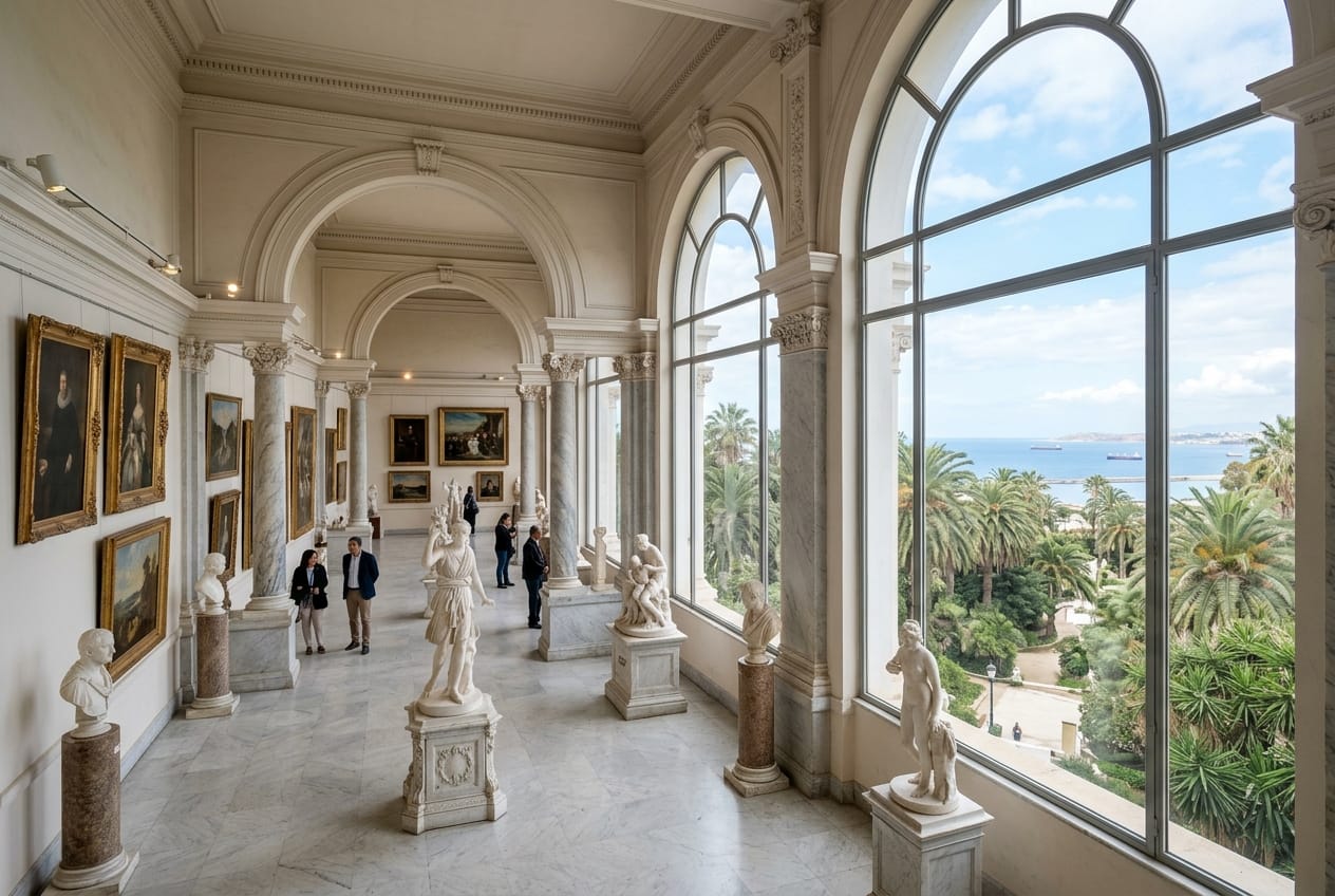 Luminous gallery of the National Museum of Fine Arts overlooking the Hamma gardens in Algiers