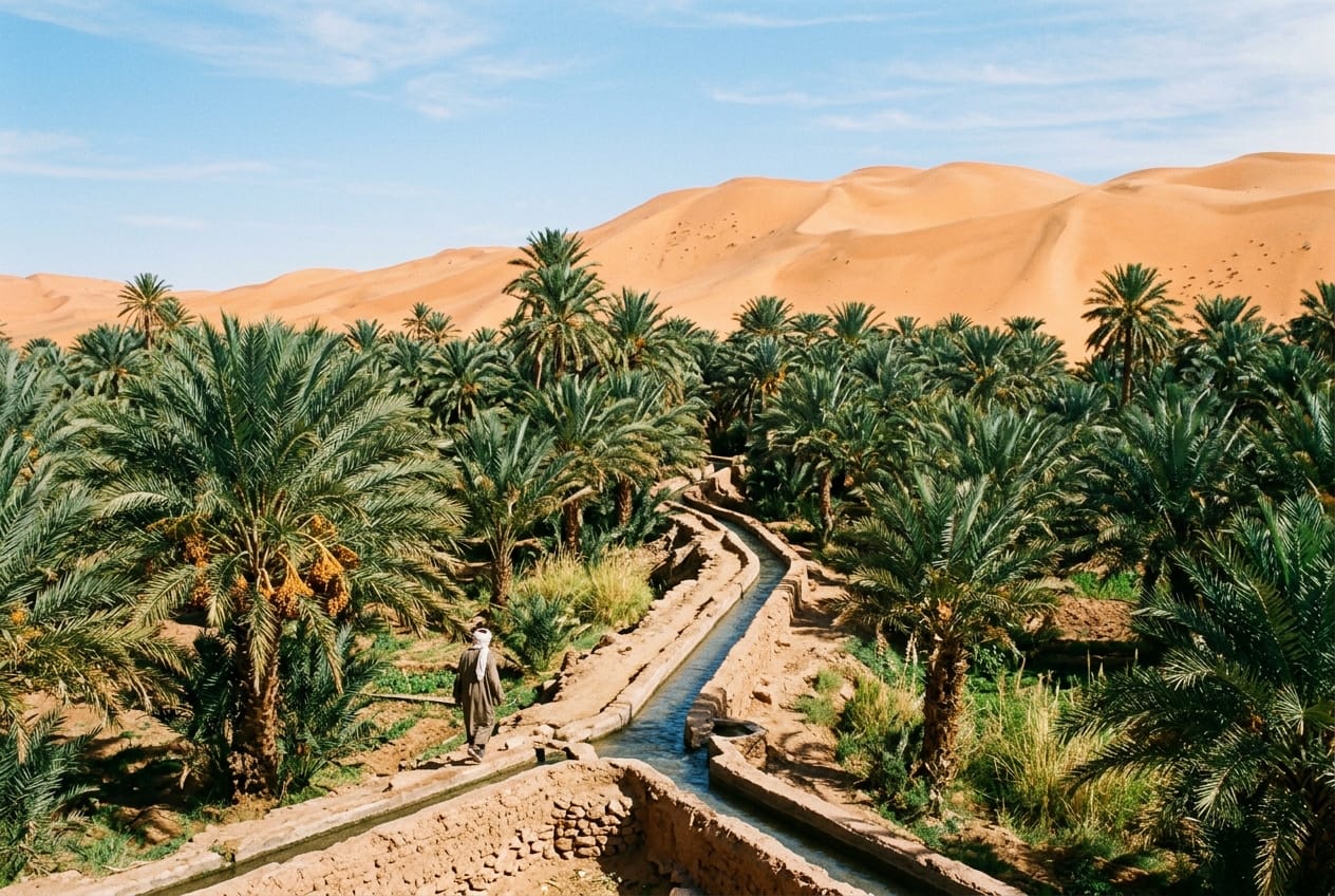 Lush green date palm oasis of Taghit and traditional irrigation channels nestled against towering orange dunes