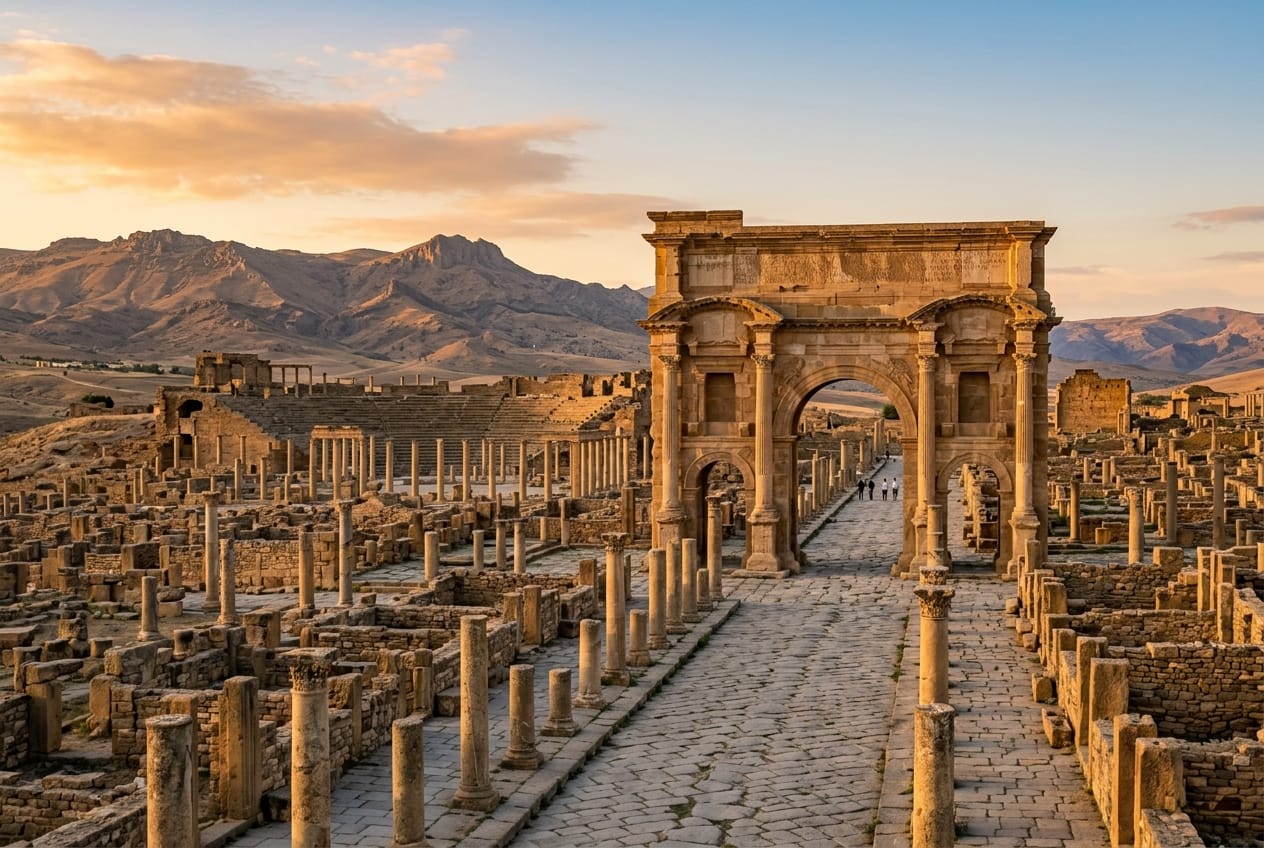 Ancient Roman city of Timgad showing Trajan Arch and colonnaded streets in Batna
