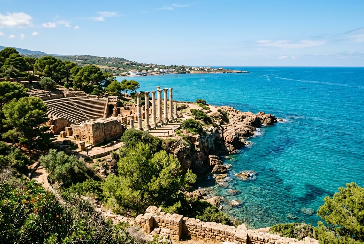 Ancient Roman archaeological ruins in Tipaza overlooking the Mediterranean Sea