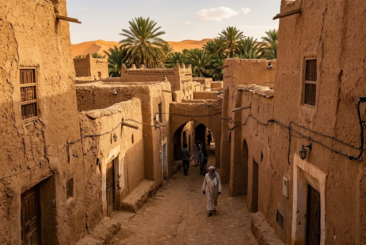 Narrow shaded mudbrick alleyway in the historic old Ksar of Taghit in the Algerian Sahara