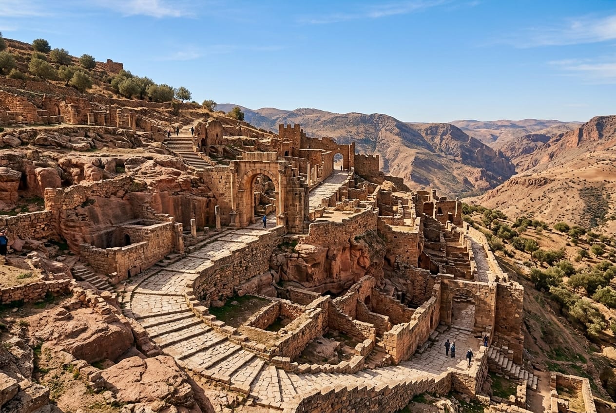 آثار مدينة تيديس النوميدية والرومانية المنحوتة في الصخور الجبلية الحمراء قرب قسنطينة في الجزائر
