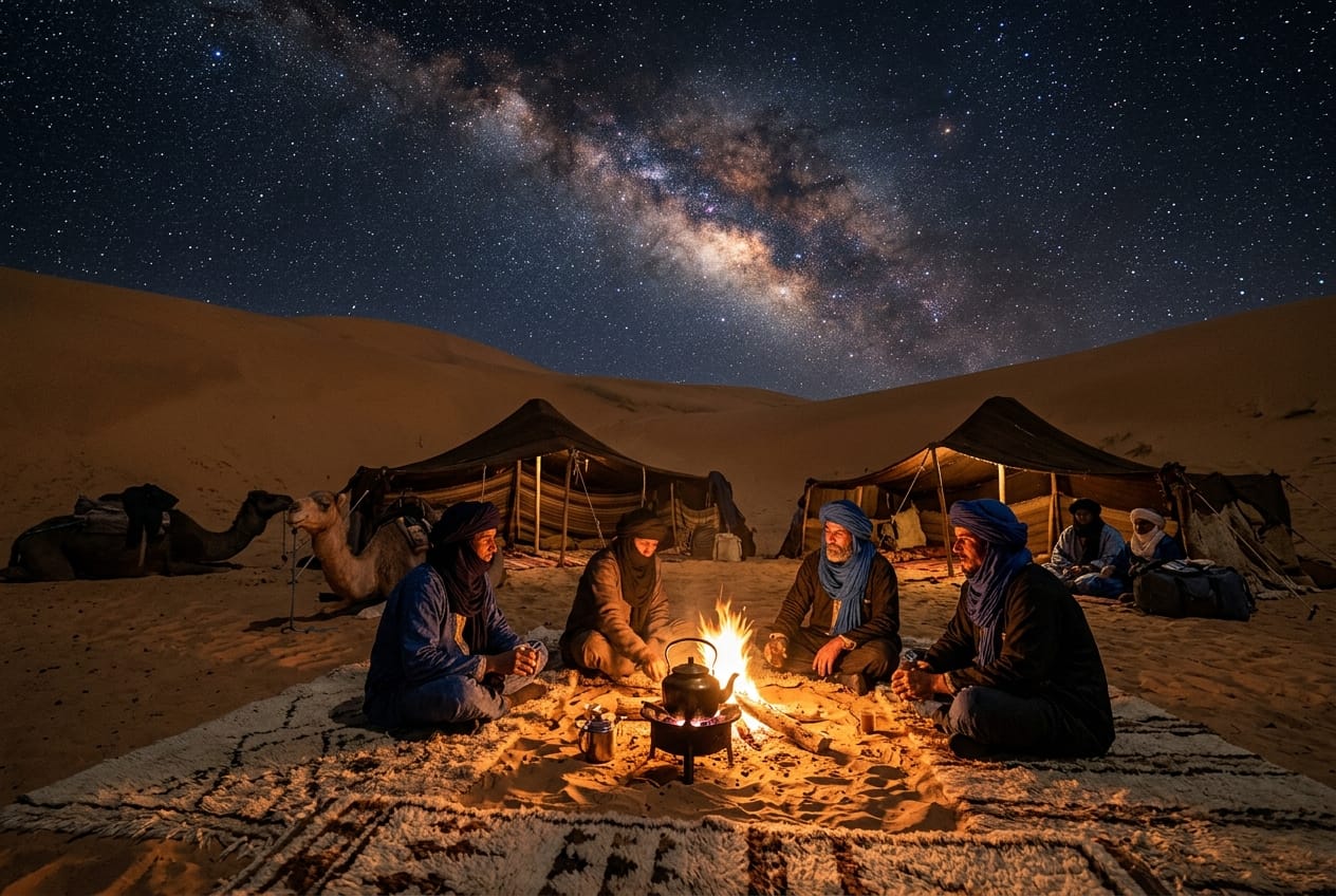 Traditional Saharan bivouac campfire under the starry night sky and glowing Milky Way in the Erg Admer desert dunes near Djanet Algeria