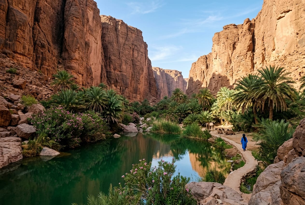 Deep sandstone canyon of Essendilene with lush palm trees and an emerald freshwater guelta pool in Djanet Tassili n'Ajjer Algeria