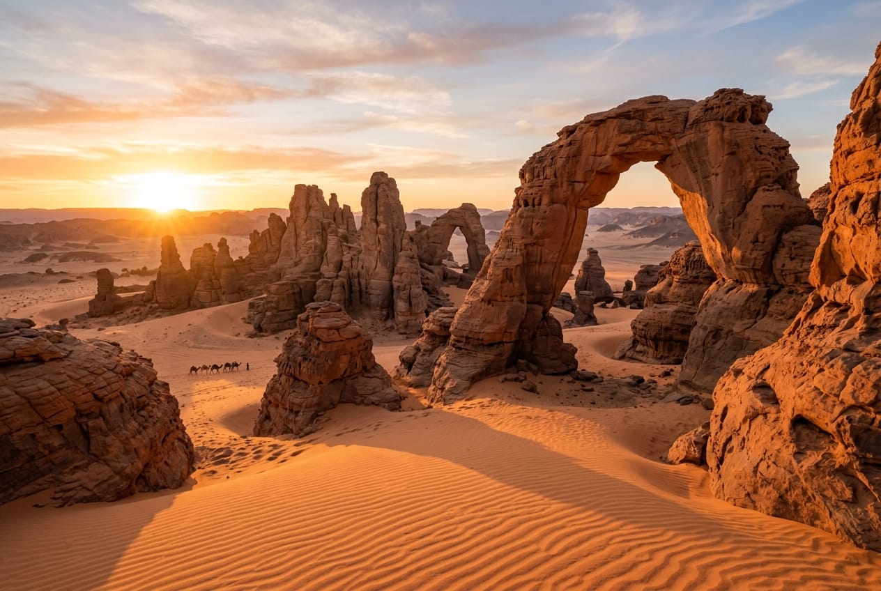 Dramatic sandstone rock arches and pillars rising from orange desert sand dunes at Tikobawen in Djanet Algeria at sunrise