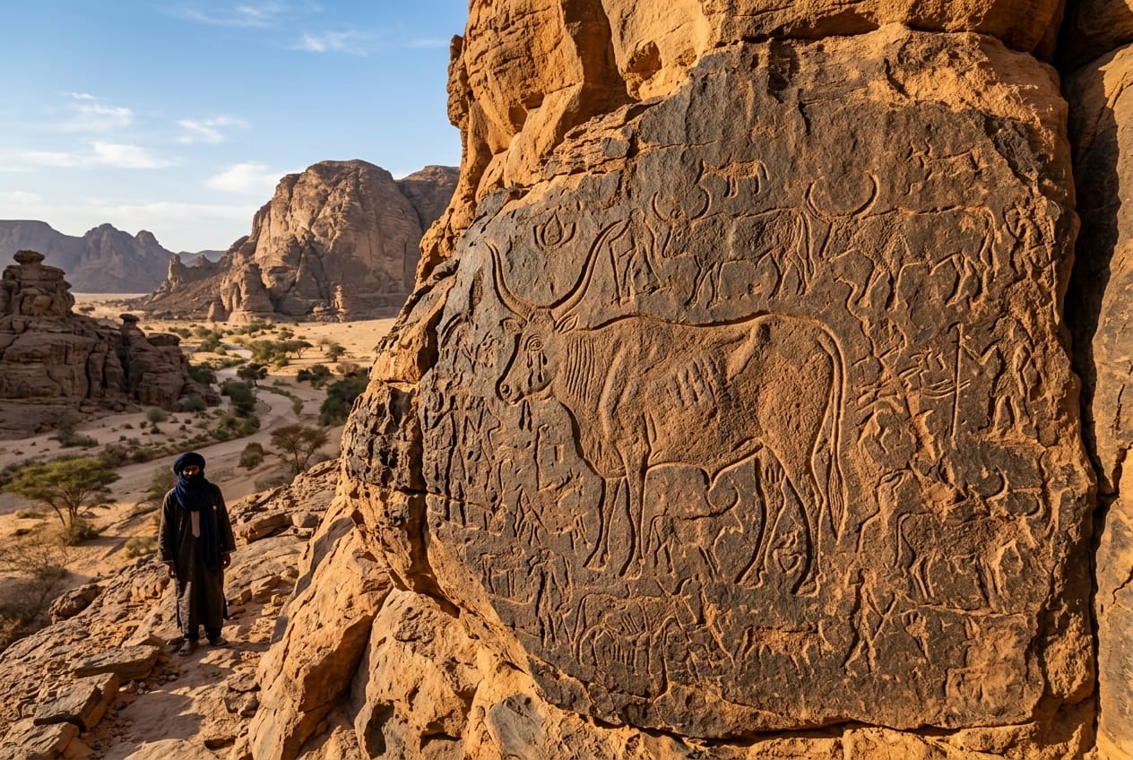 Ancient Neolithic rock art engraving of the Crying Cow carved on sandstone rock face at Teghaghit near Djanet Algeria