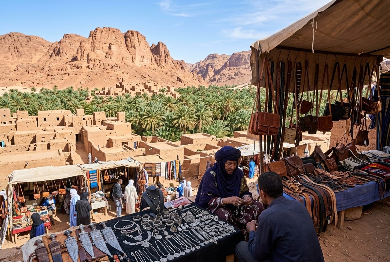 Traditional Tuareg silver jewelry market and lush date palm grove beneath sandstone mountains in the oasis town of Djanet Algeria