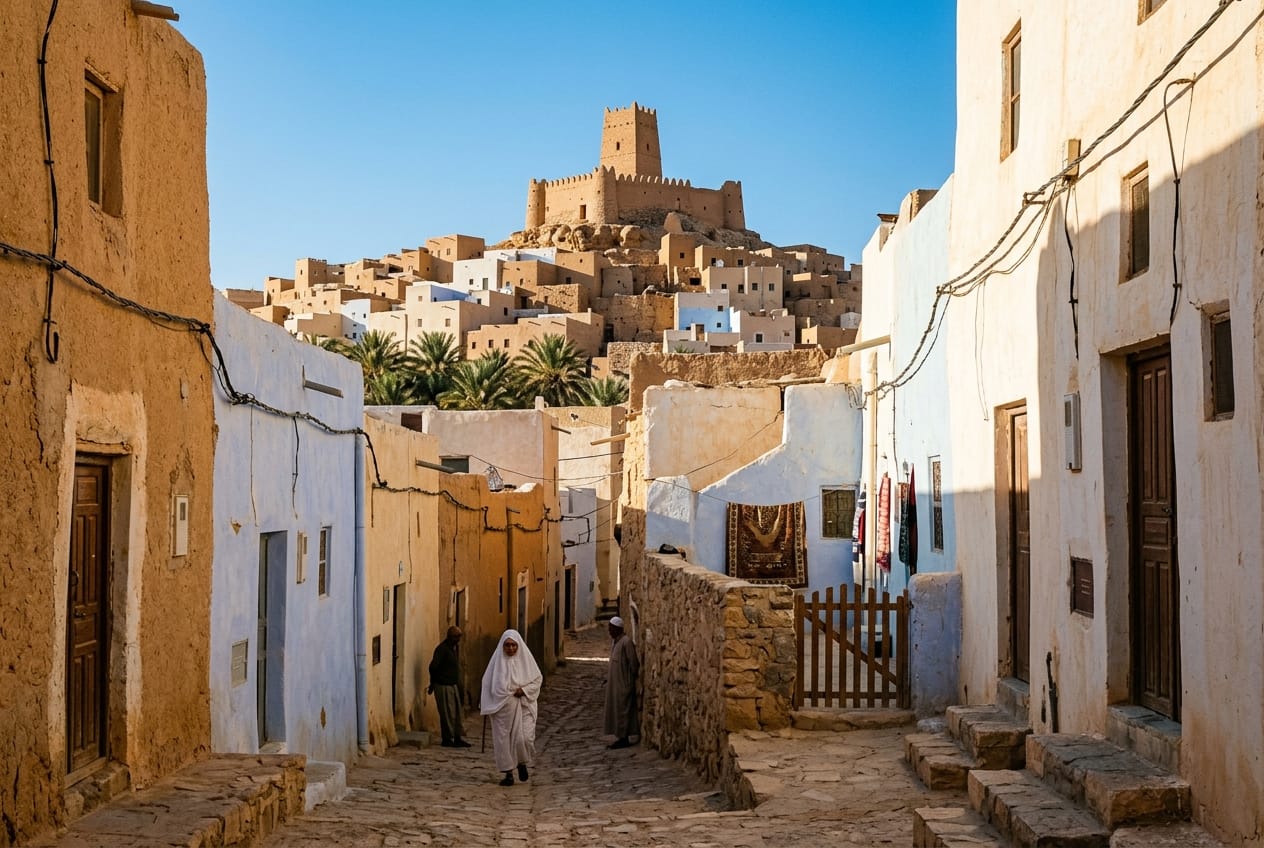 Vue panoramique sur le ksar fortifié de Beni Isguen et la tour de guet historique de Boulila sous le soleil doux d'automne dans la vallée du M'Zab en Algérie