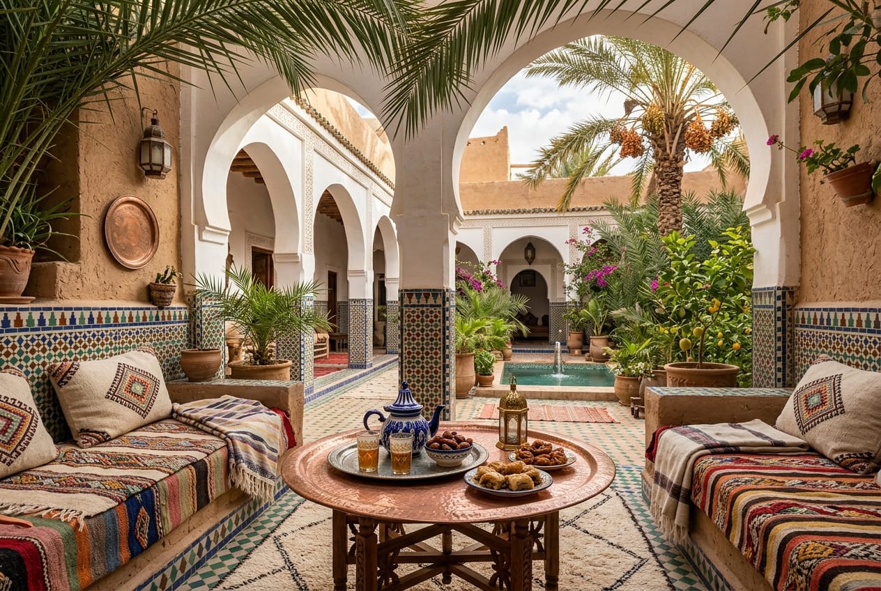 Patio intérieur ombragé d'une maison d'hôtes traditionnelle mozabite avec arches en terre cuite, banquettes de repos et plateau en cuivre avec thé à la menthe et dattes
