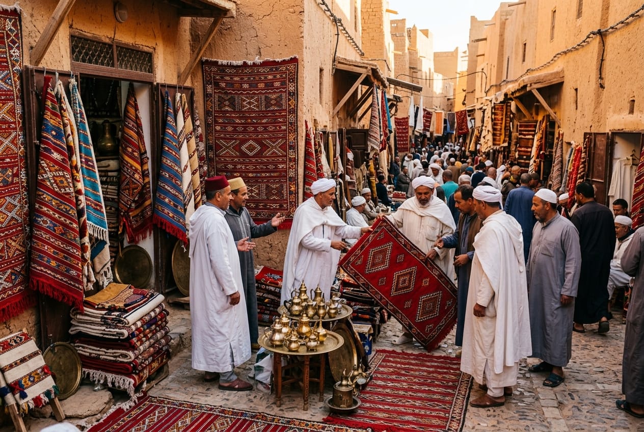 Marché traditionnel aux enchères à la criée sur la place triangulaire de Souk Lalla Aouda à Beni Isguen avec étals de tapis de laine et cuivres martelés