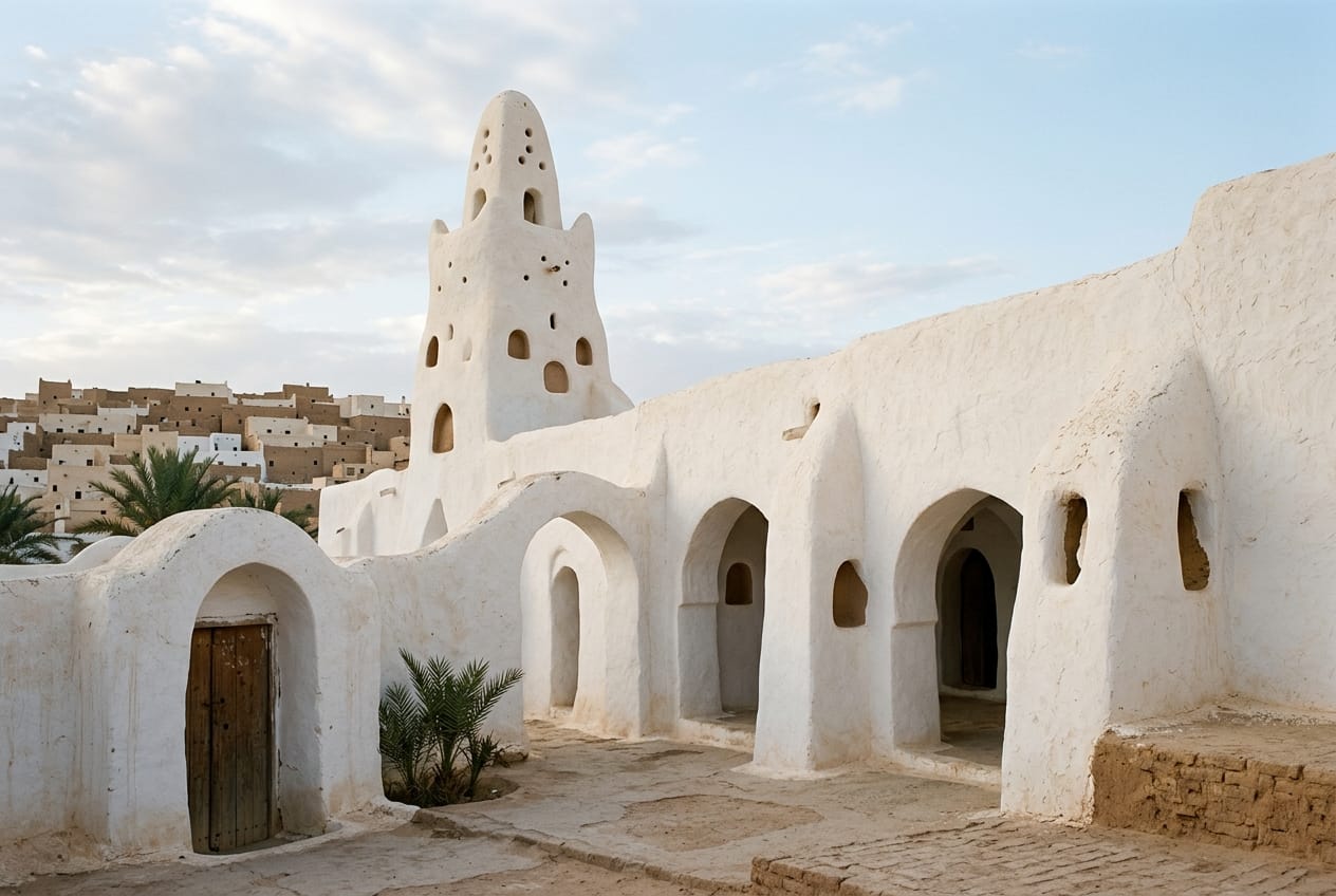 Mosquée et mausolée de Sidi Brahim à El Atteuf avec ses arcs blanchis à la chaux, ses courbes épurées et ses ouvertures filtrant la lumière douce du matin