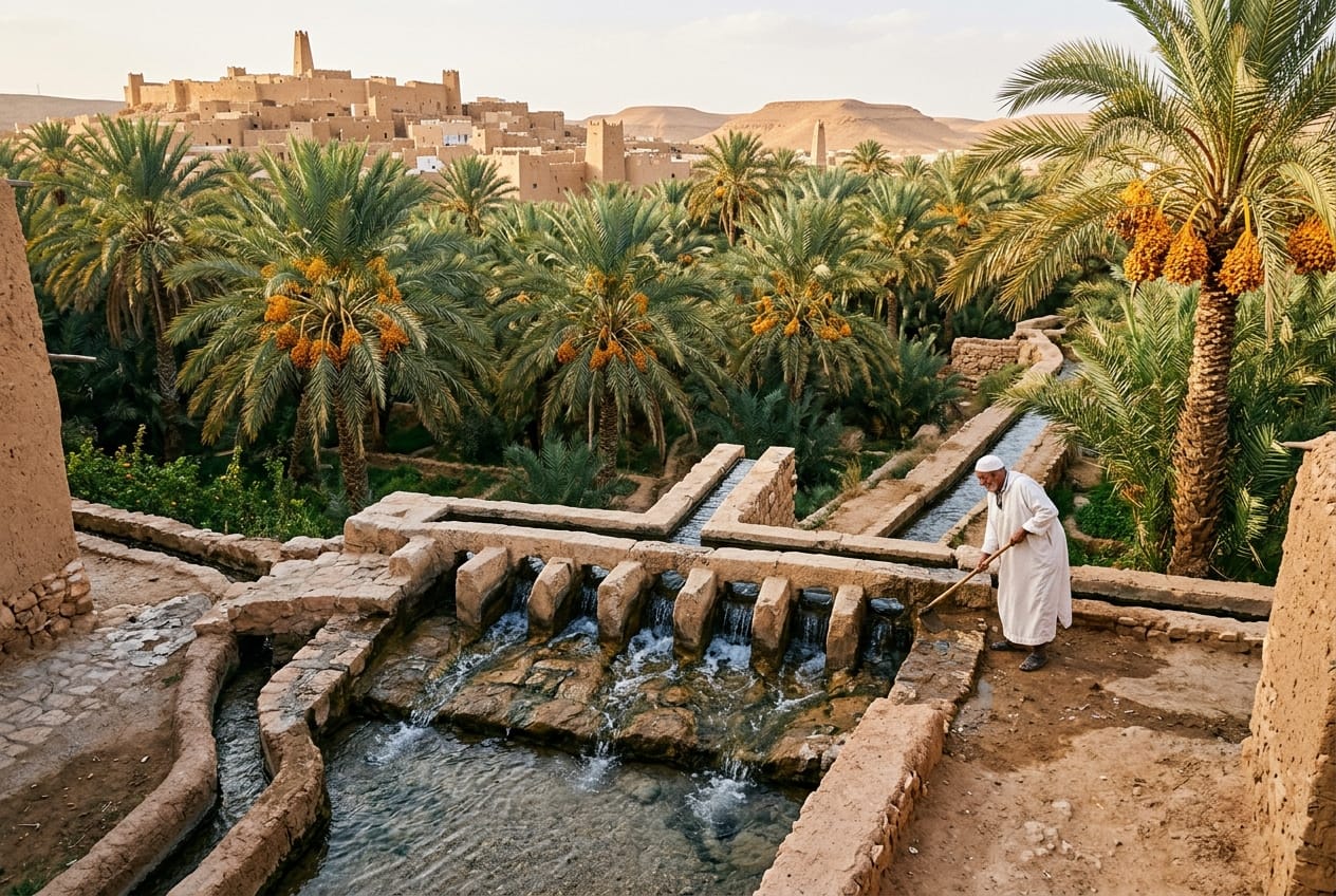 Peigne traditionnel de partage des eaux en pierre dans la palmeraie de Ghardaïa divisant l'eau courante limpide vers les rigoles d'irrigation sous les palmiers dattiers