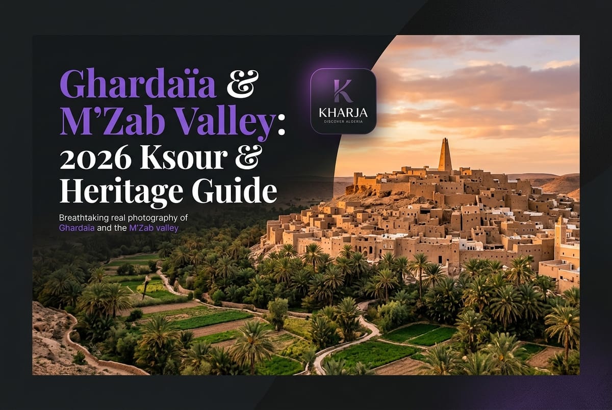 Official travel guide banner for Ghardaïa and the M'Zab Valley 2026 with historic mud-brick ksar and palm grove