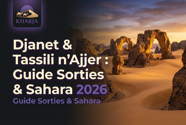 Bannière officielle Kharja du guide Djanet et Tassili n'Ajjer avec arches rocheuses et désert du Sahara en Algérie