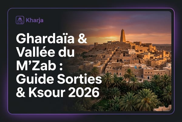 Bannière officielle du guide Ghardaïa et Vallée du M'Zab 2026 avec ksar fortifié et palmeraie au coucher du soleil